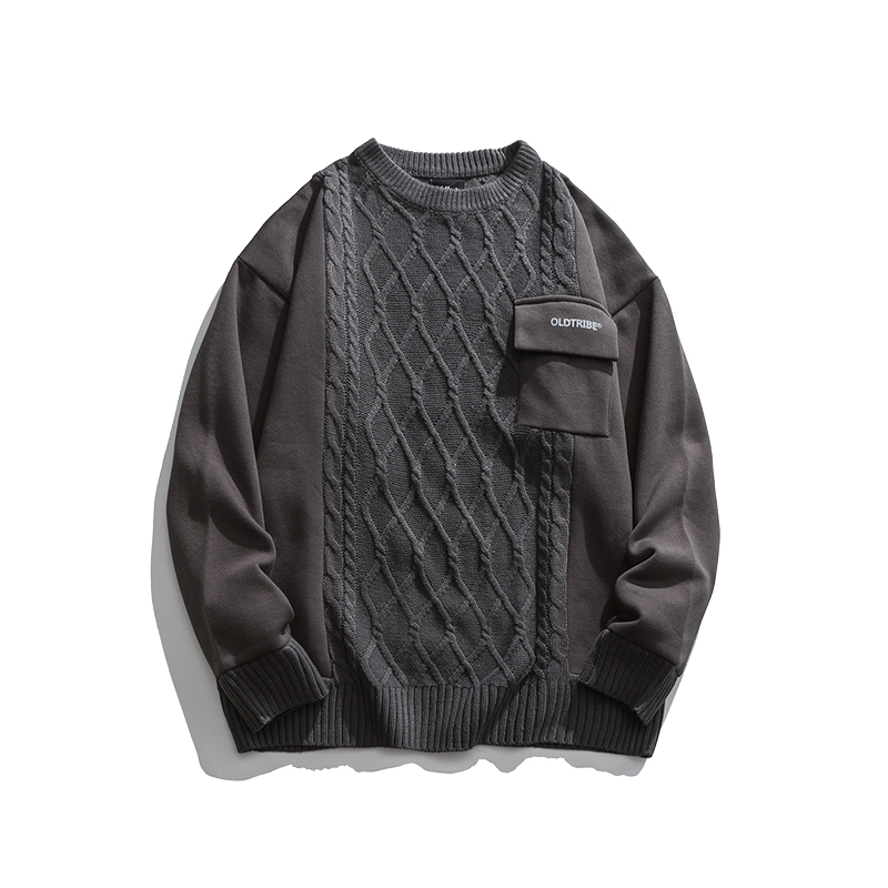 Stitching Crew Neck Sweater Men's Long-sleeved Loose Knit Sweater