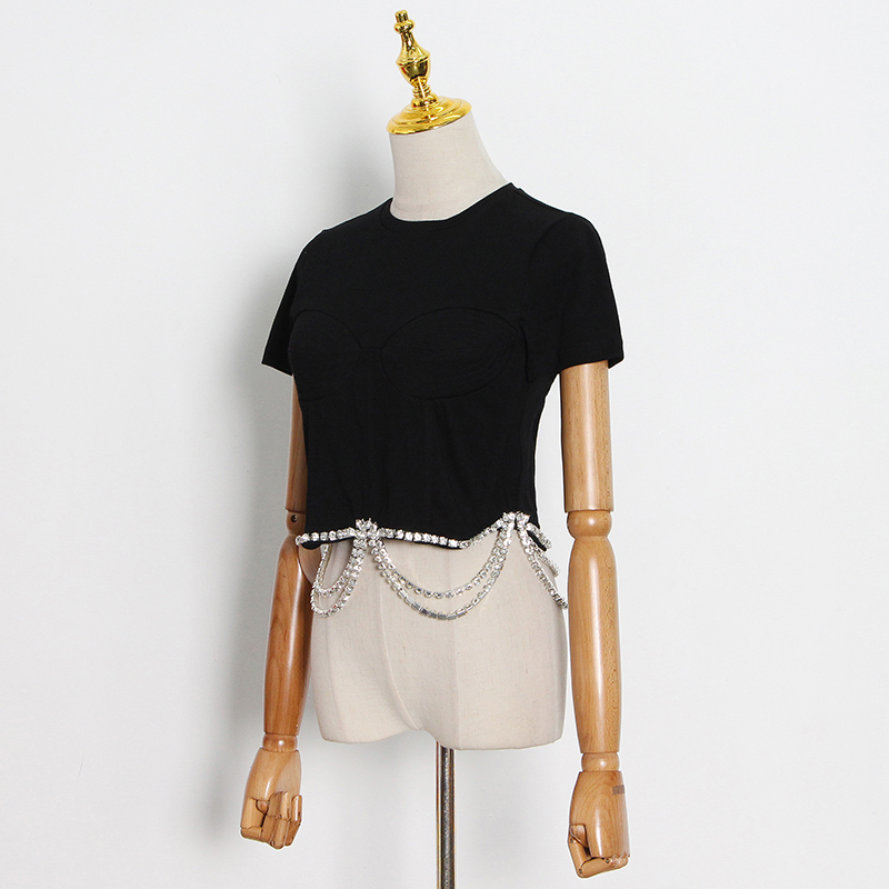 French Heavy Industry Rhinestone Side Three-dimensional Tailoring Is Thin And Short-sleeved Women