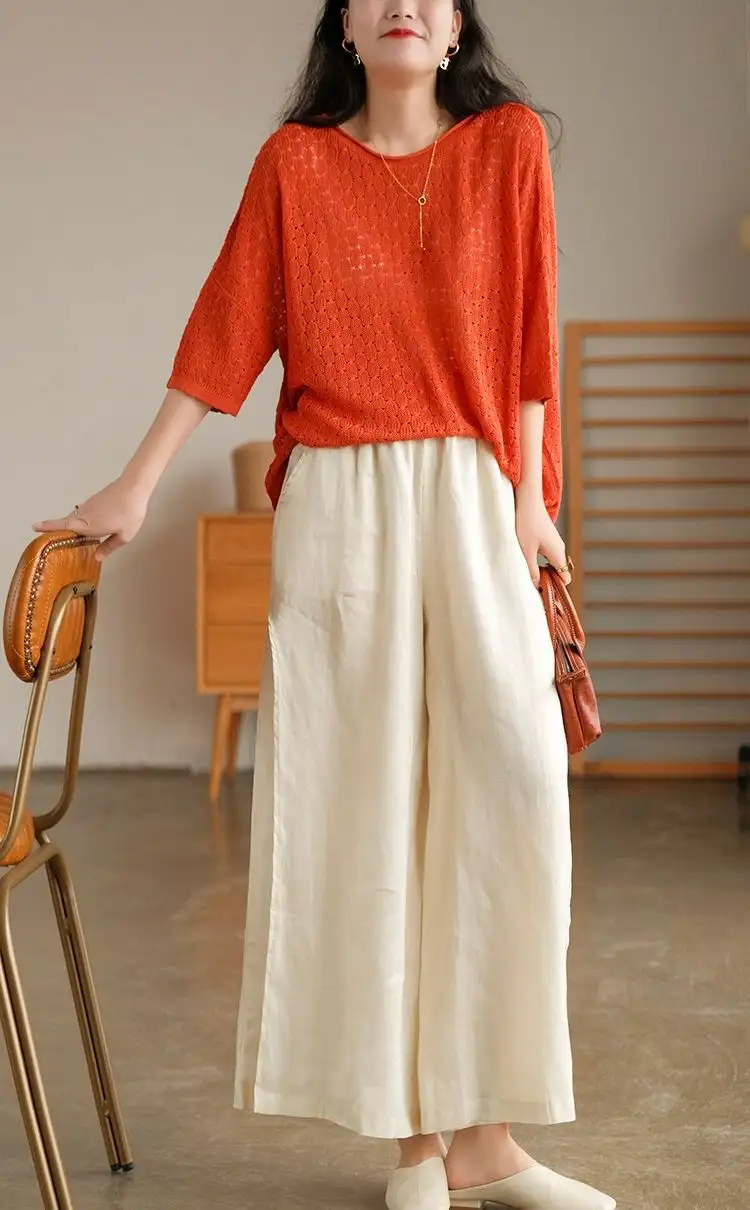 High-quality Leisure Hemp Hemp Wide Leg Pants For Women Nine Points