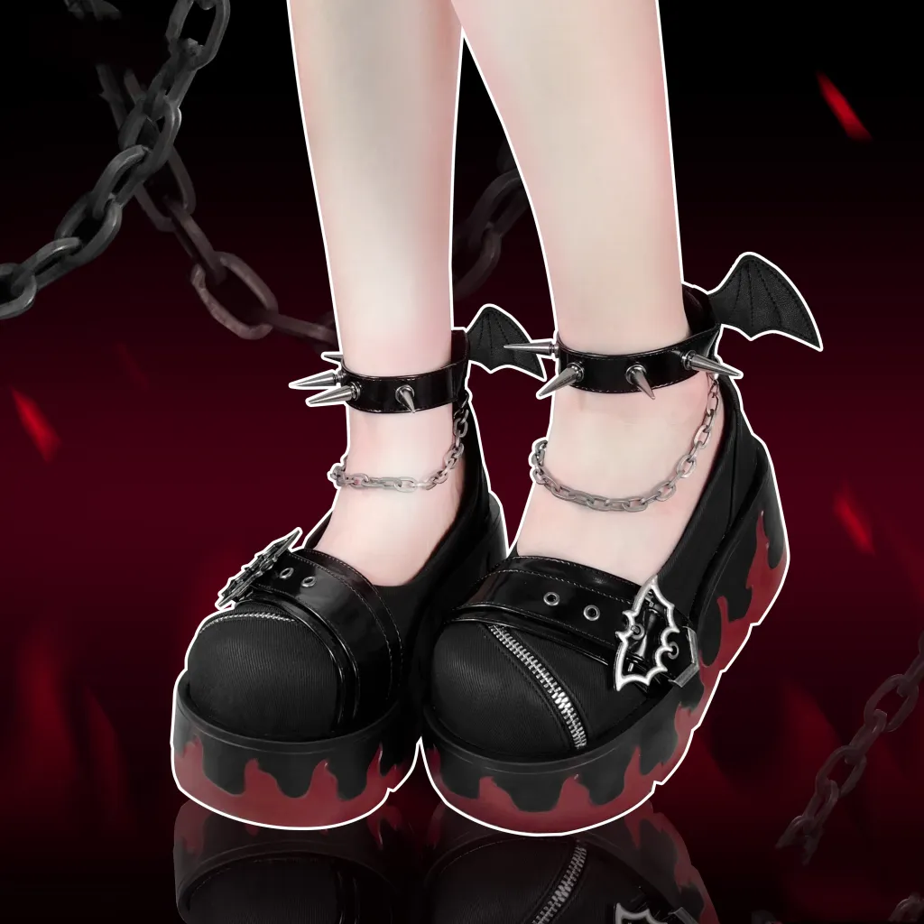 Flame Sole Subculture Gothic Y2K Spicy Girls Thick Sole Shoes - Black