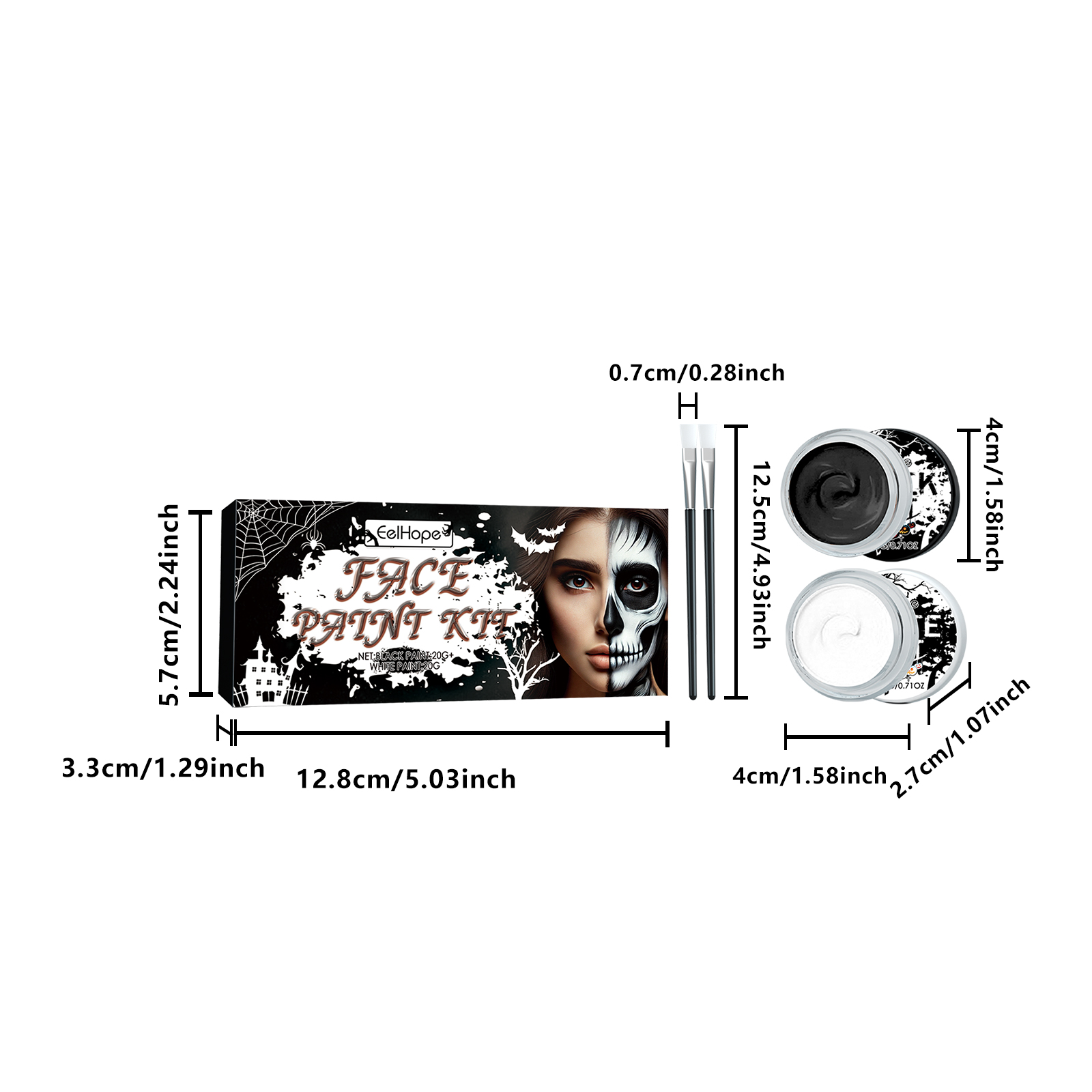Black White Face Paint Kit, Halloween Skeleton Body Paint For Cosplay Costume Makeup, High Coverage Face Painting With Brushes