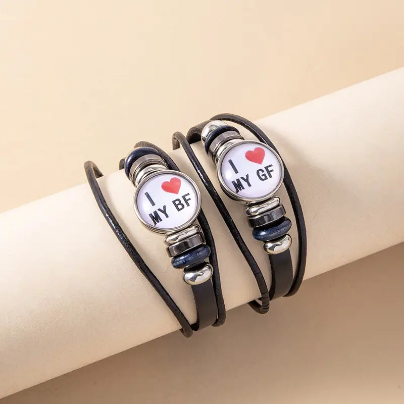 I Love My BF GF Luminous Couple Bracelet Sport Glass Snap Multilayer Leather Bracelets For Boyfriend Girlfriend