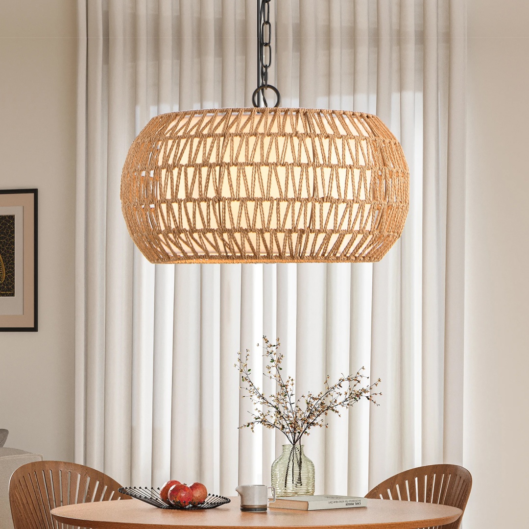 18   Farmhouse Pendant Light With Adjustable Height, Boho Woven Jute Rope Hanging Ceiling Light Fixture, E26 Base, 60W Max, Compatible With Flat, Vaulted, And Sloped Ceil   Bulb Not Included