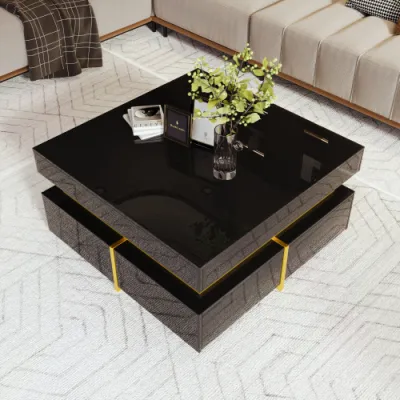 Coffee Table, High-Gloss Living Room Table, Side Table With Drawers And Gold Accents