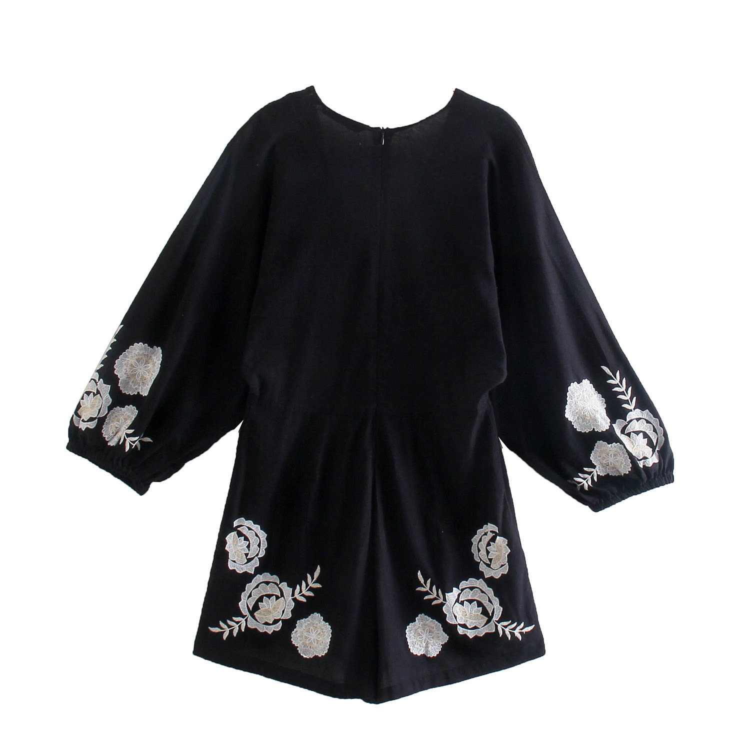 Embroidered V-Neck Puff-Sleeve Linen Jumpsuit - Image 4
