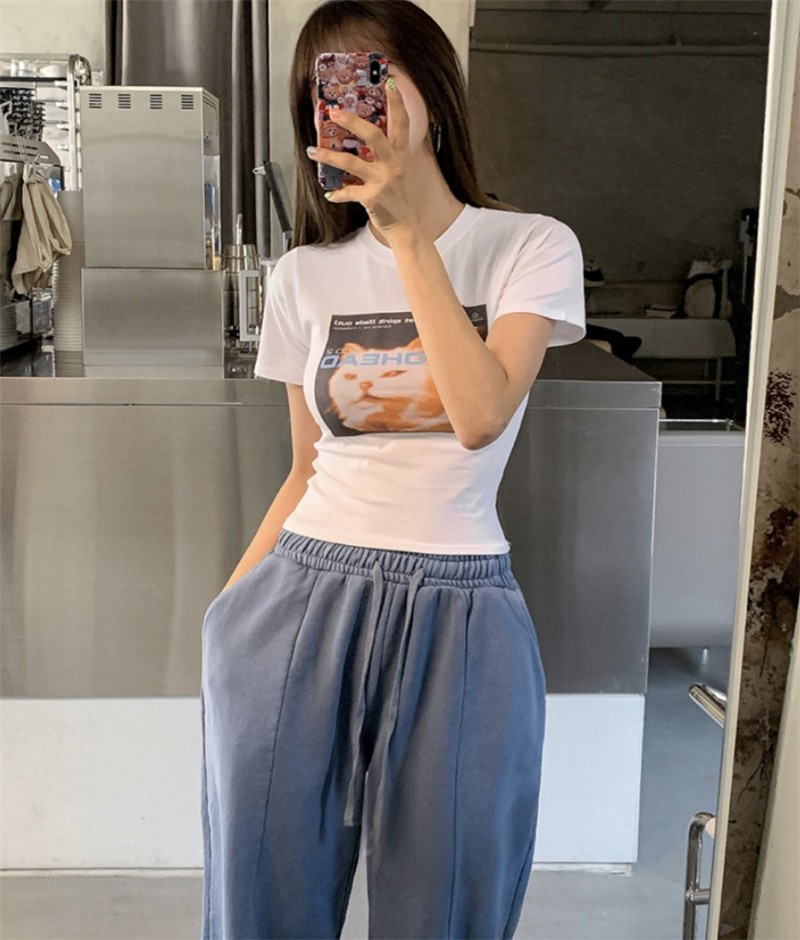 Simple Slim Fit Stretch Cat Letter Print Short Sleeves