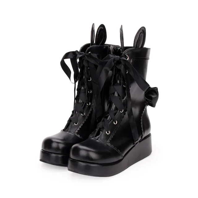 Japanese Winter New LOLITA Ribbon Mid tube Boots Black - Shop at LoveMi