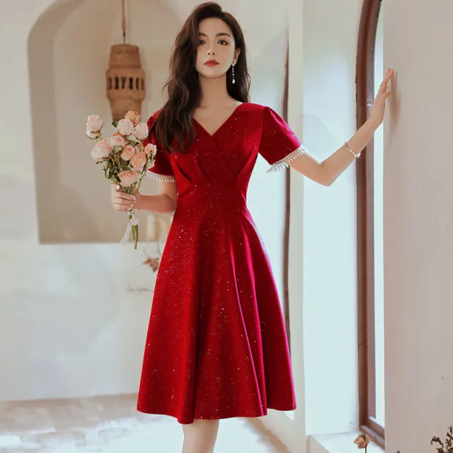 Toast Dress Bride Wine Red Wedding Dress Engagement Back Door Dress Red Wine - Shop at LoveMi