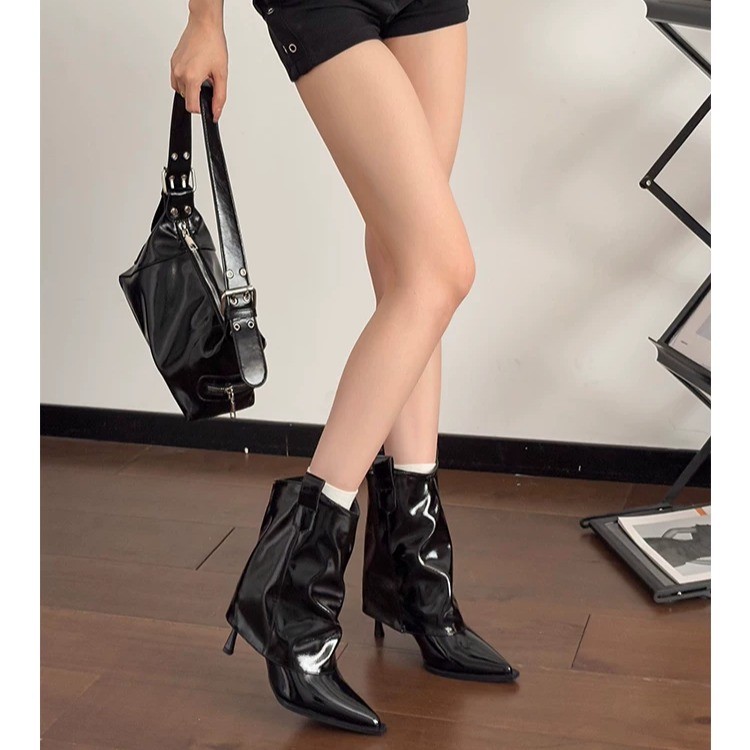 Women Glossy Wrinkle Pointed Toe Stiletto Ankle Boots, 2-way Wear Detachable Cuff Stacked Slim Fashion Booties, Fall Winter Footwear