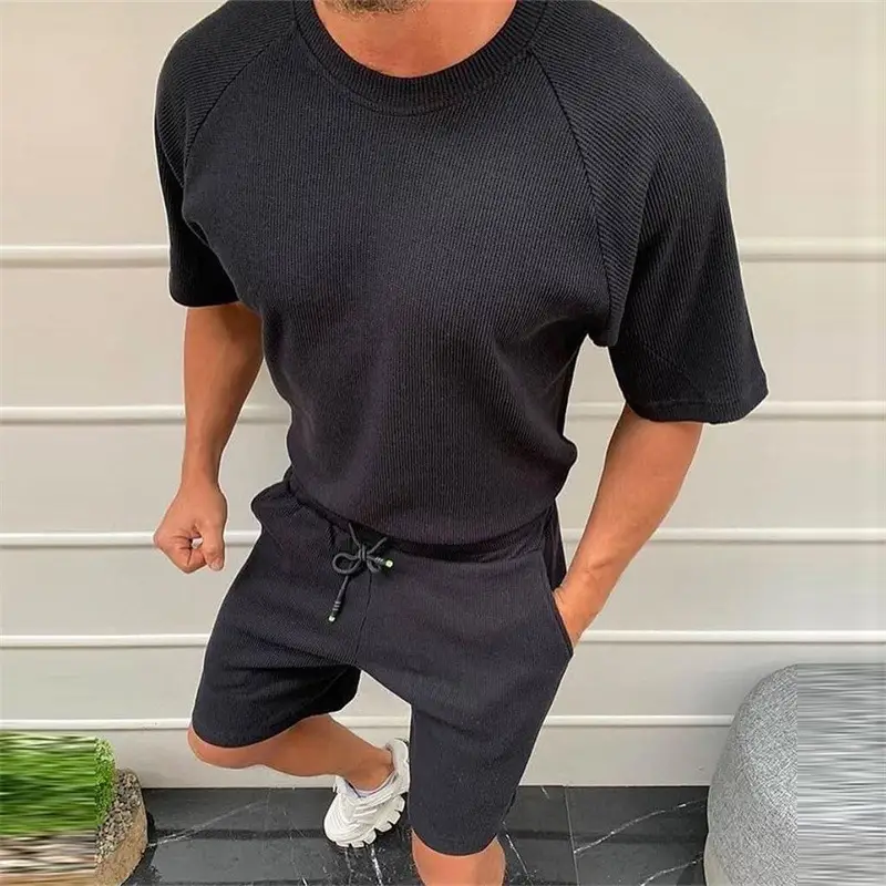 Men's Summer Short Sleeve Solid Color Casual Suit