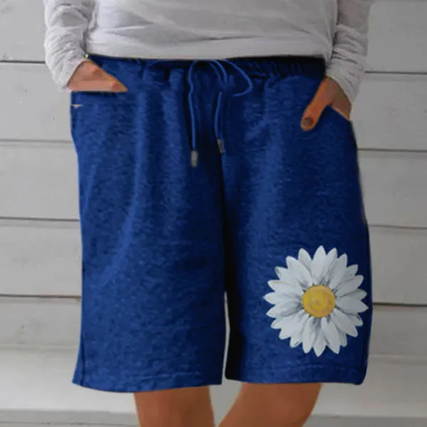 Women's Cotton And Linen Plus Size Elastic Casual Printed Shorts Blue - Shop at LoveMi