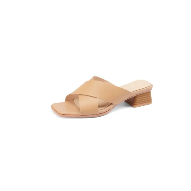 Cross Slippers Solid Color Cowhide Square Head Wood Grain Mid heel Chunky Heel Apricot - Shop at LoveMi