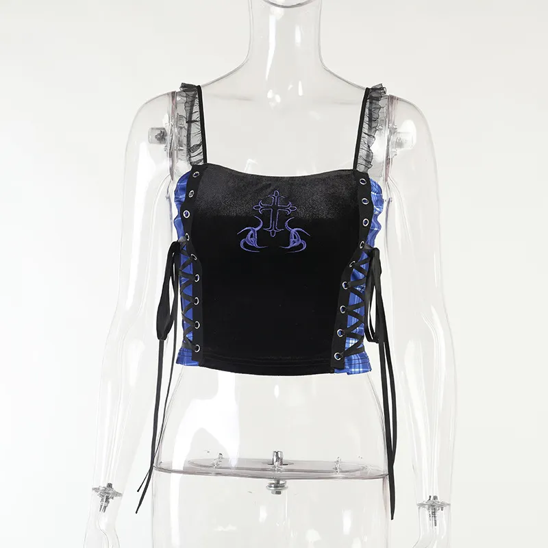 Stitching Lace Embroidered Lace Camisole - Blue
