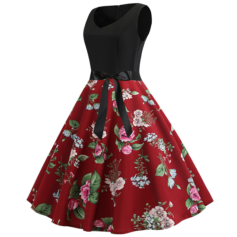 Retro Hepburn Style Slimming Printed Large Swing Dress