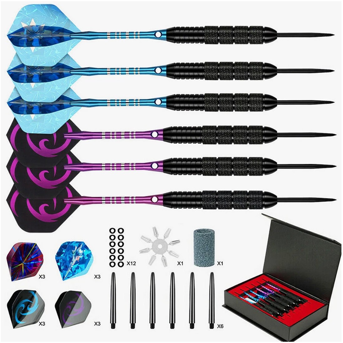 6Pack Tungsten Darts Tip Set Steel Shaft 12 Flights With Case UK — image 8