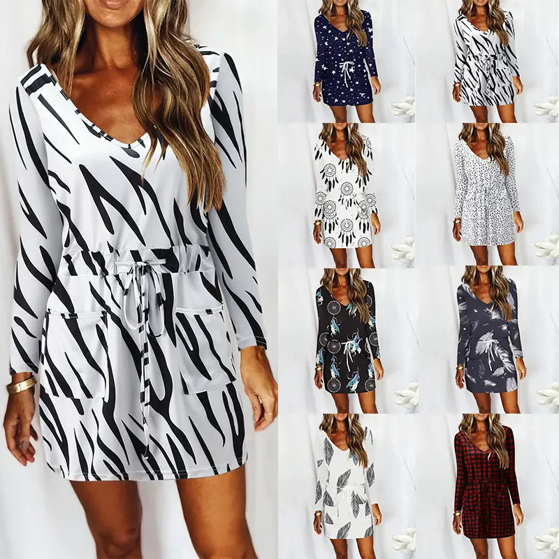 Women's Printed V-neck Sexy Lace-up Long Sleeve Dress