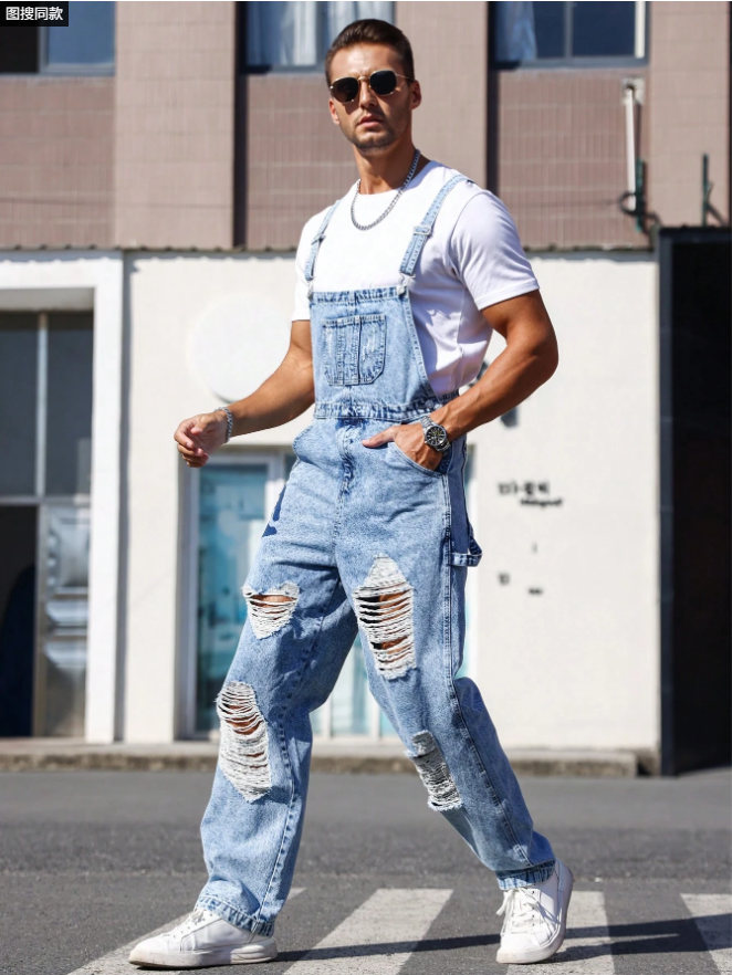 Men Distressed Denim Overalls Light Wash Ripped Bib Pants Loose Fit Streetwear Dungarees US Ready Stock