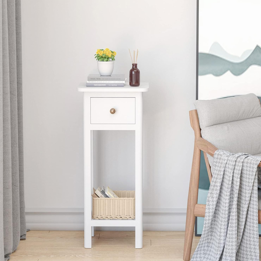 2 Tier Slim Nightstand Bedside Table With Drawer Shelf_voghion.com