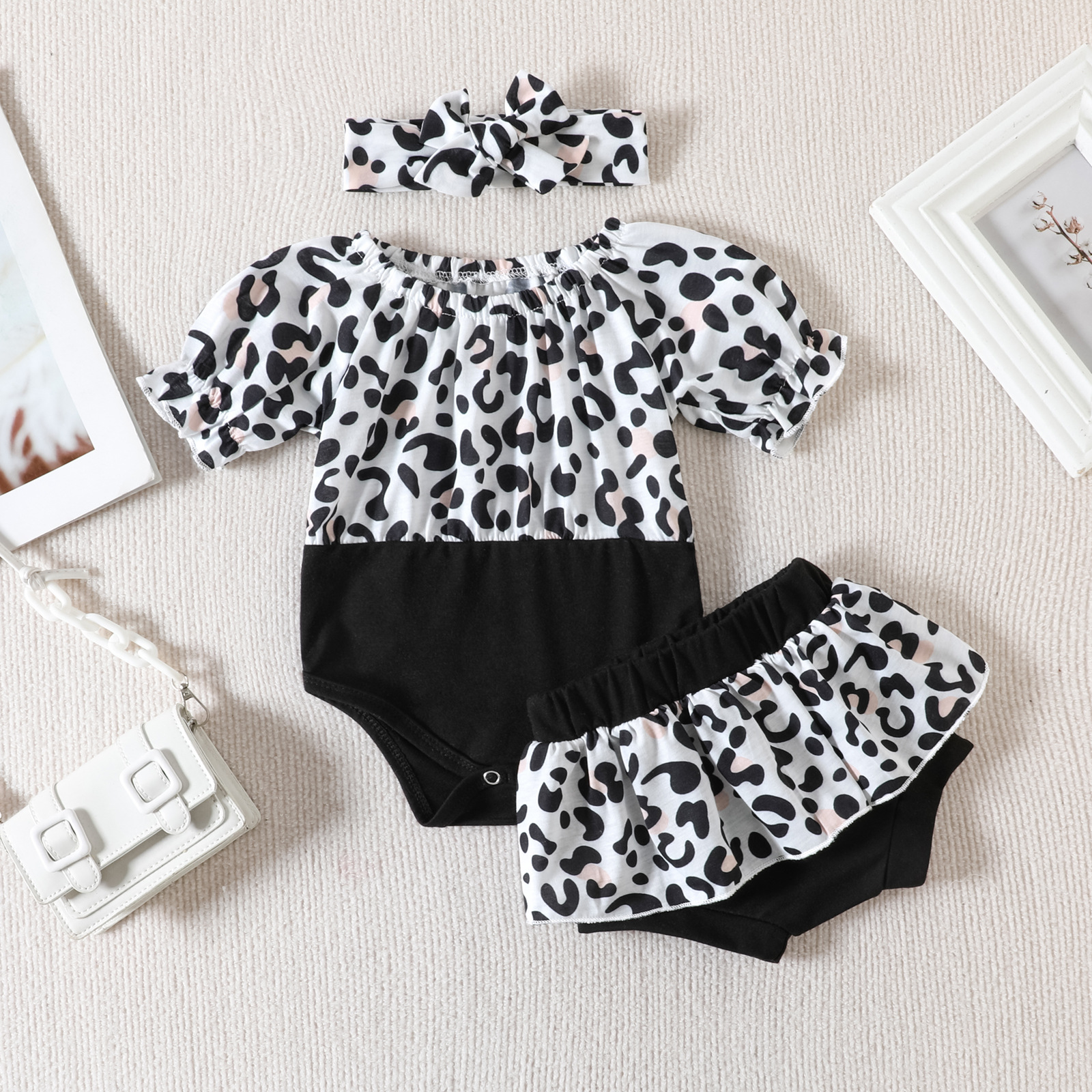 Girls' Leopard Print Color Matching Jumpsuit Dress And Pants Headband