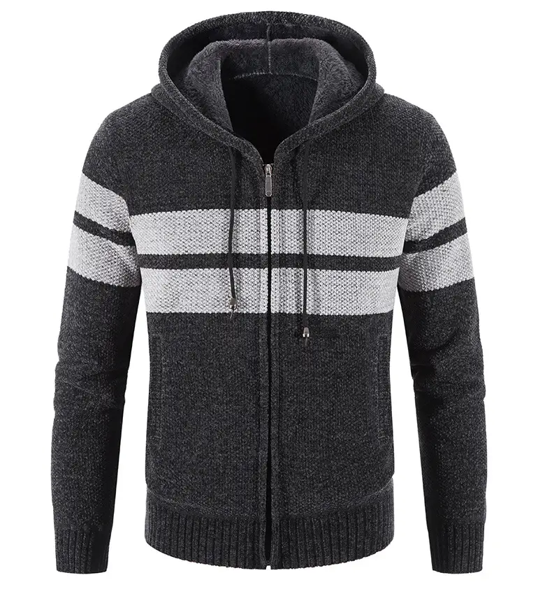 Hooded Striped Color-blocking Casual Plus Velvet Cardigan