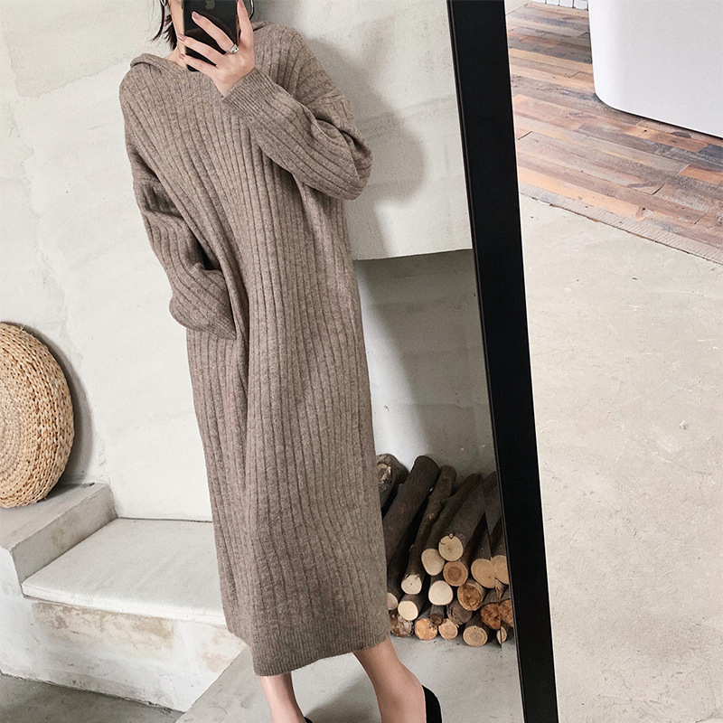 Women's Hooded Thickened Long Sweater Over Knee Knitted Loose Dress