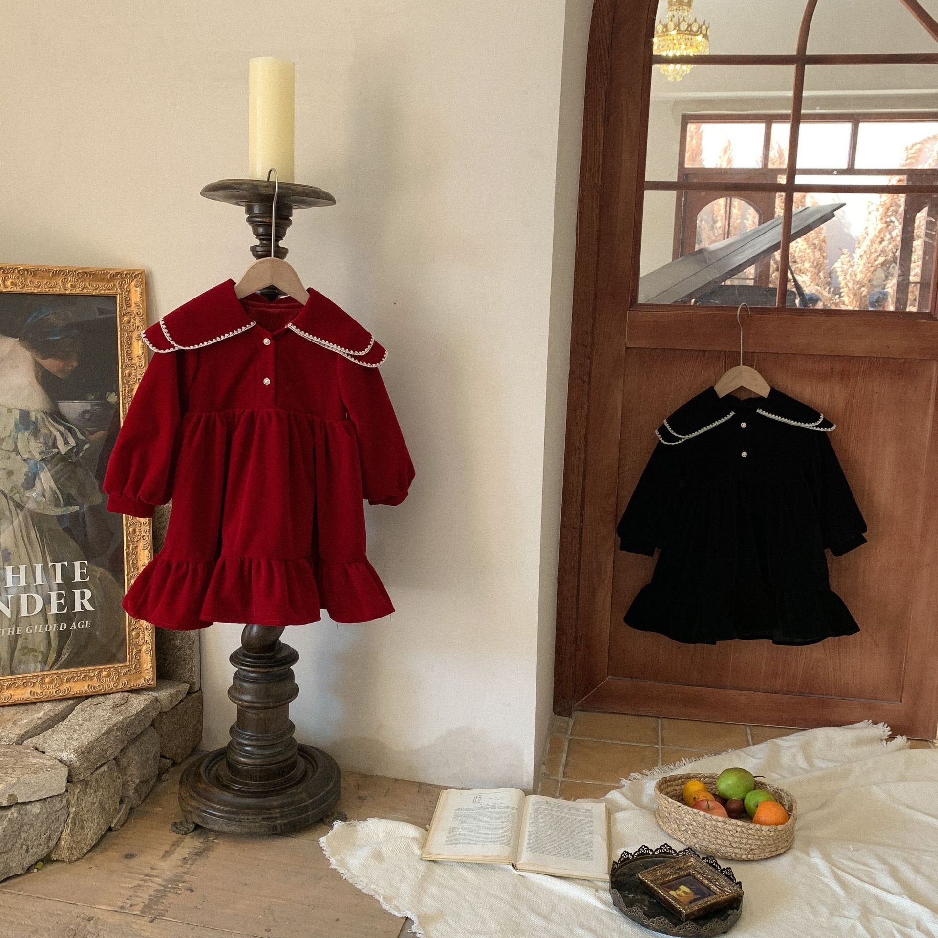 Children's Clothing Retro Fleece Lapel Warm Girl's Dress