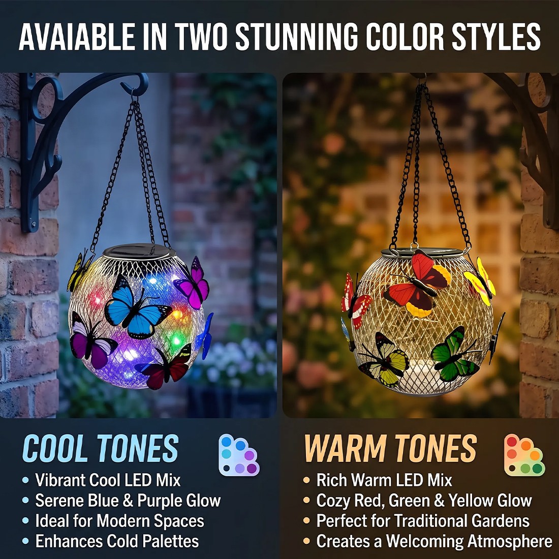 2pcs Hanging Butterfly Pendant Solar Power LED Light Mesh Orb Yard Garden Decor — image 10
