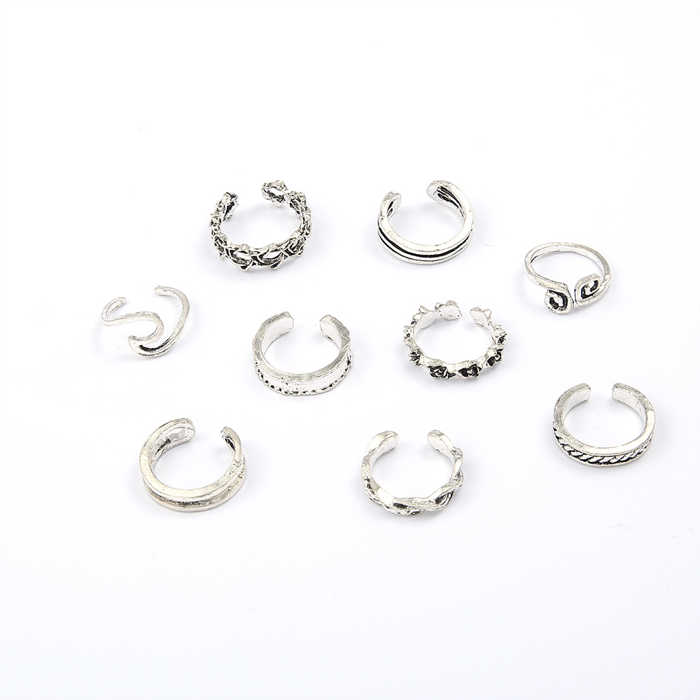 New Wave Totem Pattern  Ring Summer Wild Joint Ring Beach Foot Ring 9 Piece Set