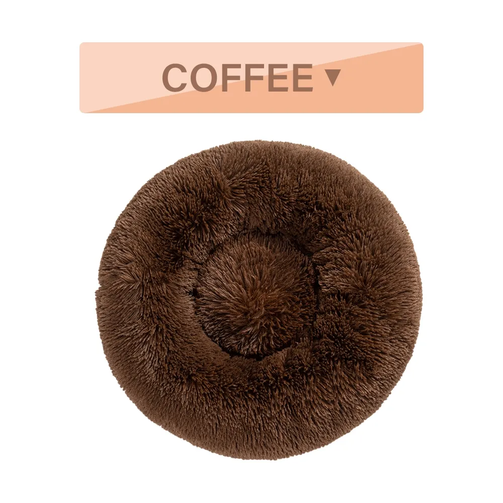 Fluffy Donut Dog Bed Warm Soft Long Plush Pet Cushion Dog House Cat Bed Washable Pet Sofa Mat Calming Samll Large Dog Beds - Coffee Without Zipper