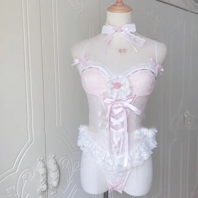 Ribbon Bow Tie Lace Corset With Girl Photo Bodysuit Pink - Shop at LoveMi