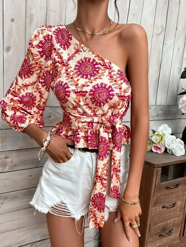 Women's Summer Mandala Print One Shoulder Balloon Sleeve Shirt Red - Shop at LoveMi