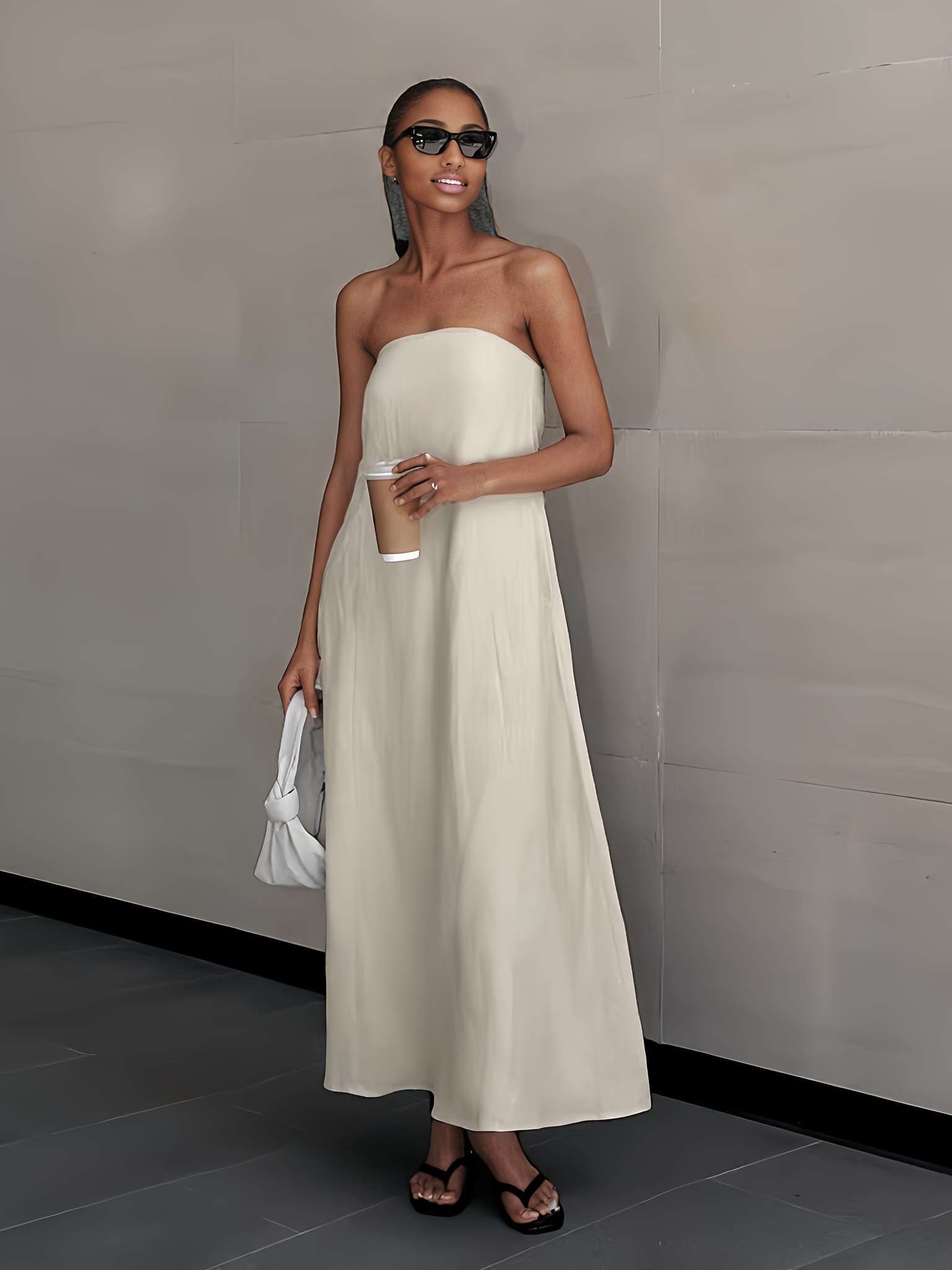 2026 NEW SUMMER Linen Women's High-Waisted Strapless Backless Patchwork Pocket Dress Lightweight Casual Vacation Dress With Smooth Texture, Solid Color Long Dress For Summer