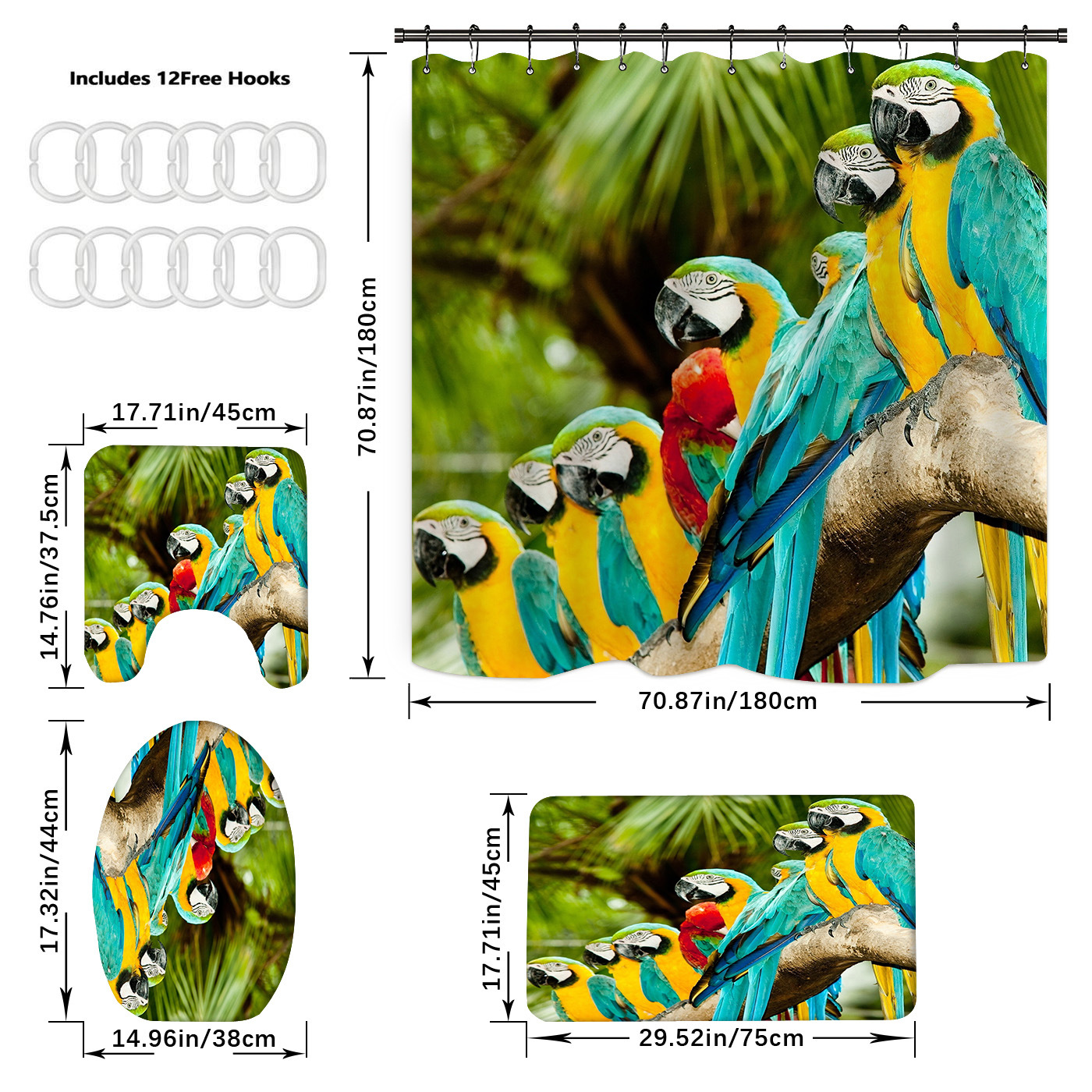 Digital Printing Colorful Birds Waterproof Polyester Bathroom Partition Shower Curtain