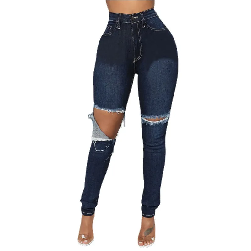 Women's Fashion Ripped Slim Fit Skinny Jeans - Dark Blue