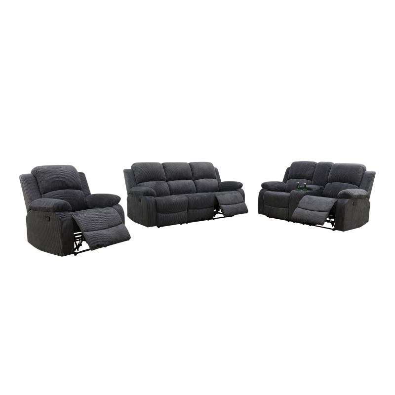 Pickup Only--Dark Grey Corduroy 3-Piece Living Room Recliner Sofa