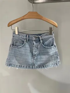 Washed And Made Of Old Design Feeling Raw Hem Denim Skirt - Blue - View 1