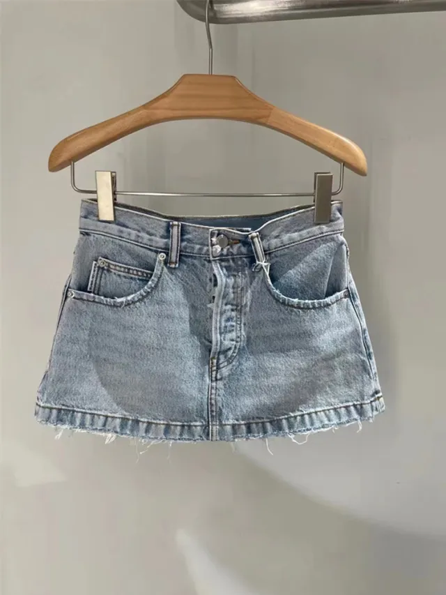 Washed And Made Of Old Design Feeling Raw Hem Denim Skirt Blue - Shop at LoveMi