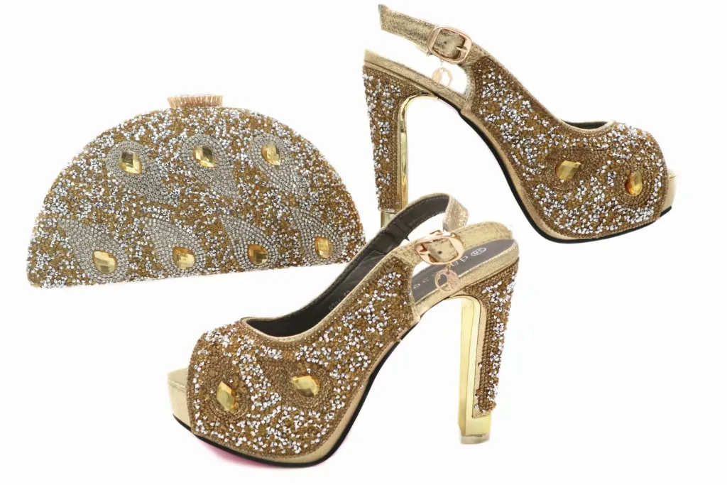 Burgundy Stiletto High Heels Fish Mouth Shoes With Rhinestones - Gold