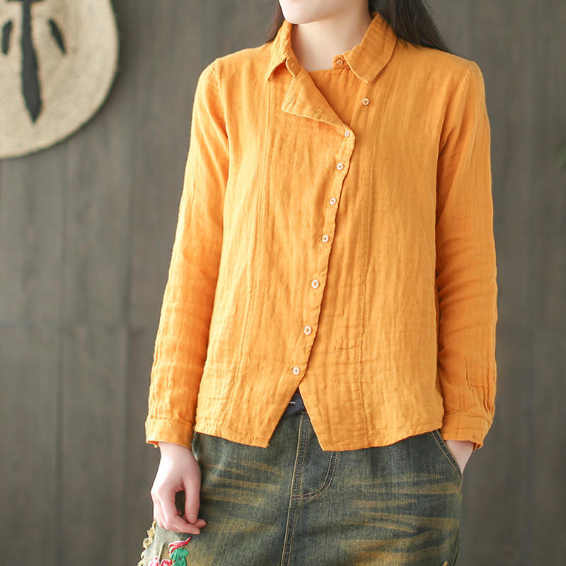 Women's Retro Cotton And Linen Diagonal Solid Color Shirt
