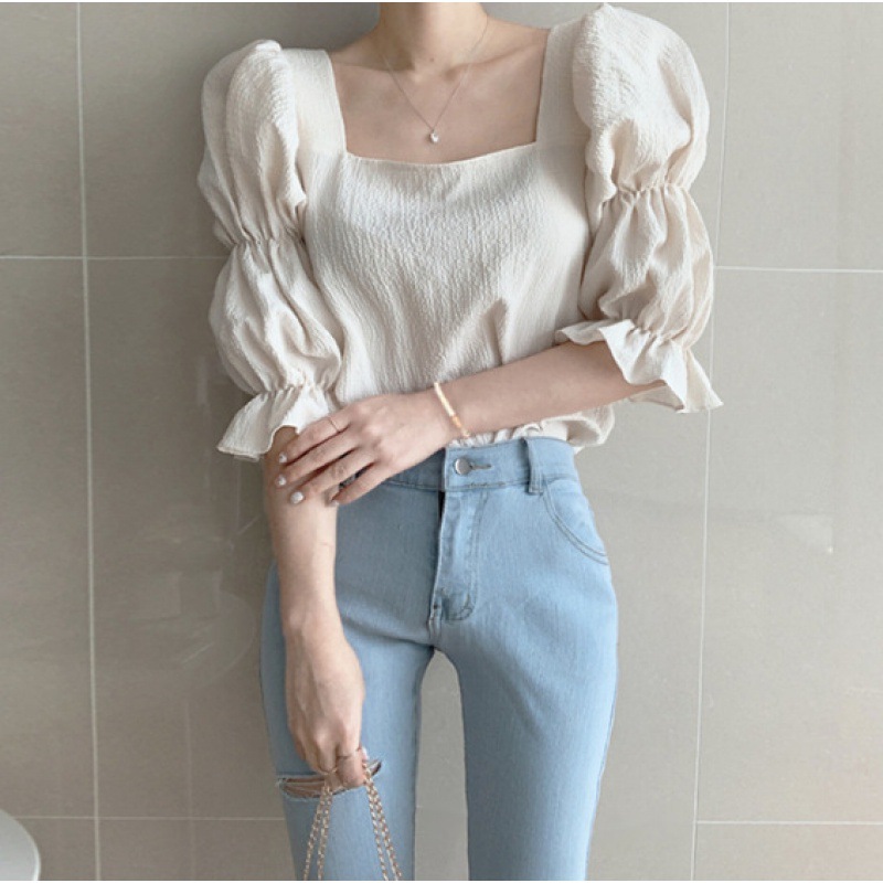 Gentle Temperament Square Neck Leaking Collarbone Puff Sleeve Chiffon Half Sleeve Top
