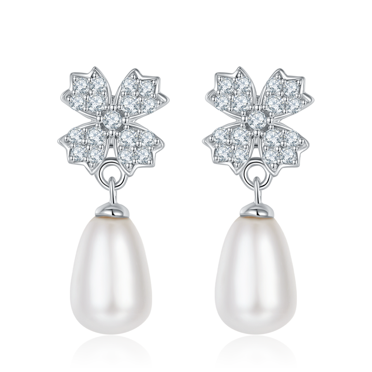 S925 Sterling Silver Natural Freshwater Pearl Dangle Earrings, Clover Pave, Round Teardrop Pearl, Platinum Plated, 2g, Gift Box