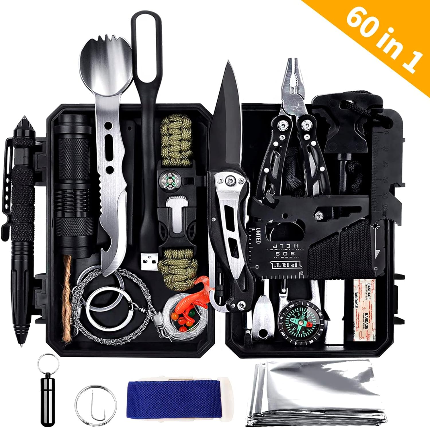 Antarctica Survival Gear Kit with 60 Tools including first aid, compass, carabiner, plier, wire saw, flashlight, fishing gear, camping utensils, whistle, and more. Lightweight, compact, and waterproof storage box. Ideal for hiking, camping, and wilderness