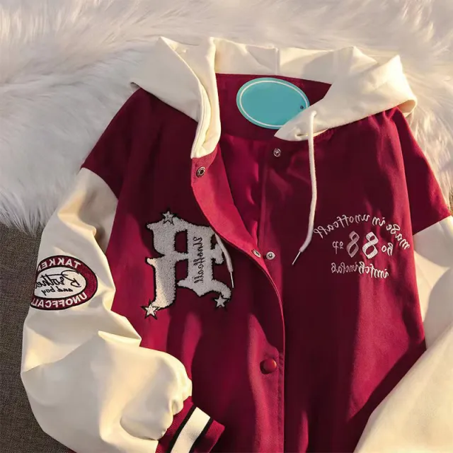American Retro Baseball Uniform Women Loose Design Couple Jacket Wine Red - Shop at LoveMi