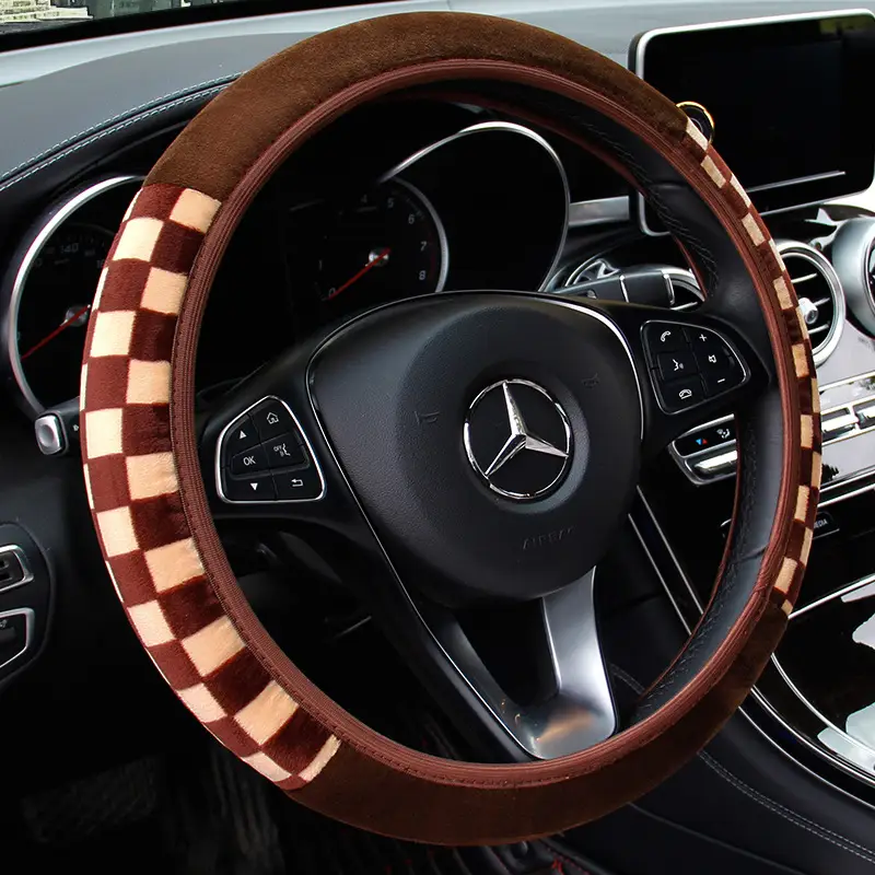 Black And White Plaid Plush Car Steering Wheel Cover
