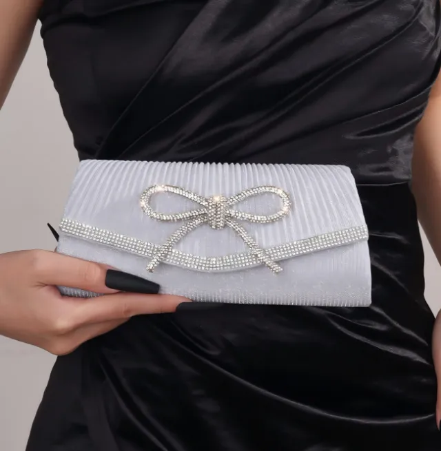 Bow Evening Bag Sparkly Clutch Purses For Women Wedding Glitter Rhinestone Party Prom Purse Dressy Clutch Bags White - Shop at LoveMi