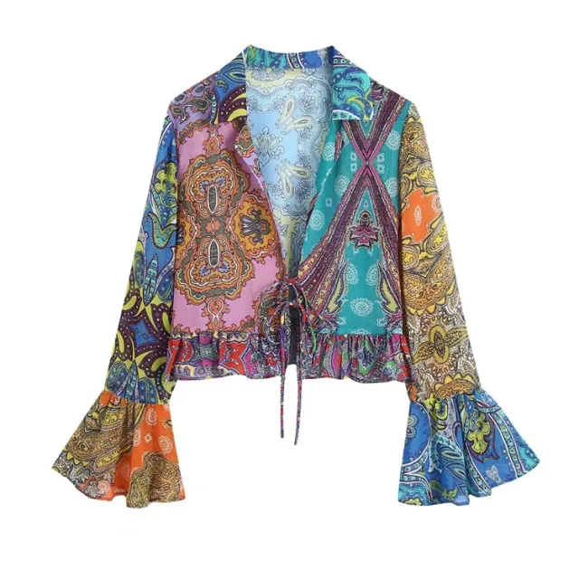 Printed Lace Up Flare Sleeve Cropped Shirt Color - Shop at LoveMi