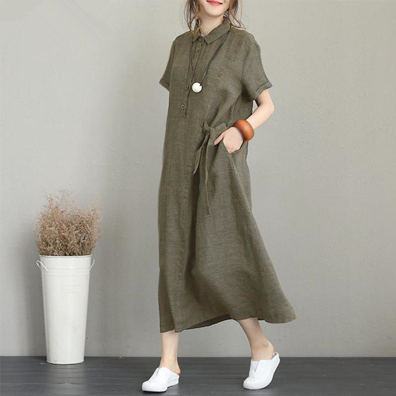 Linen Cotton Polo Neck Loose Fit Casual Dress