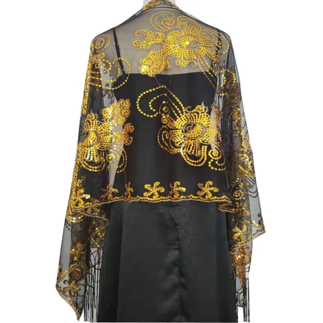 Long Tassel Sequin Embroidered Shawl Women Gold On Black - Shop at LoveMi