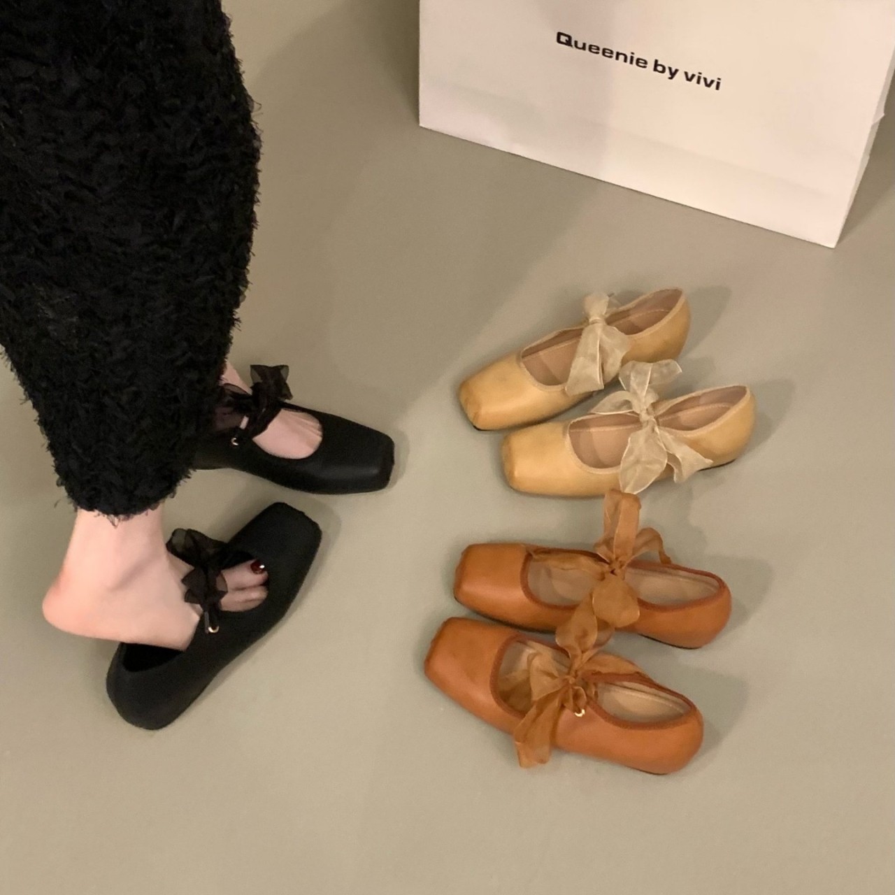 Women French Gentle Sheer Organza Tulle Front Bow Mary Jane Flats, Square Toe Wrinkled Vintage Soft Leather Slip On Minimalist Casual Daily Doll Ballerina Loafer Slippers