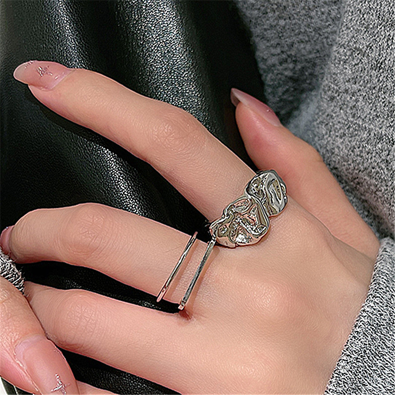 Two-piece Pleated Irregular Silver Ring